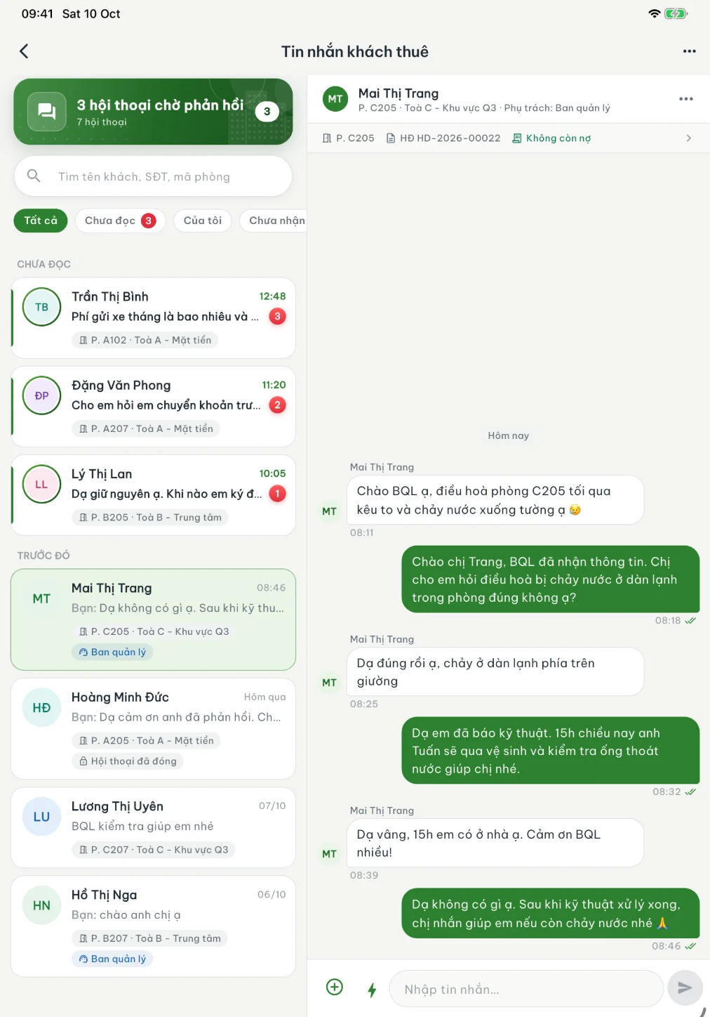 App VinaBos trên iPad: hộp thư tin nhắn khách thuê trên iPad